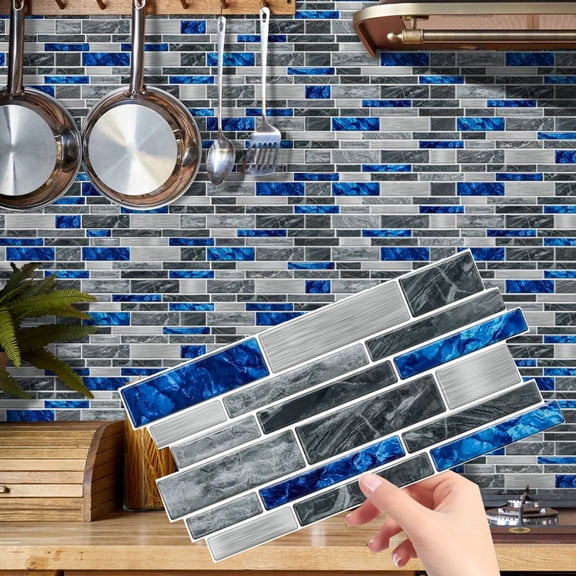 12Sheets Peel and Stick Tiles Stickers 4.72" x 9.68" Wall Decals Blue and Black Gray Marbling Mosaic Brick DIY Decor Kitchen Backsplash