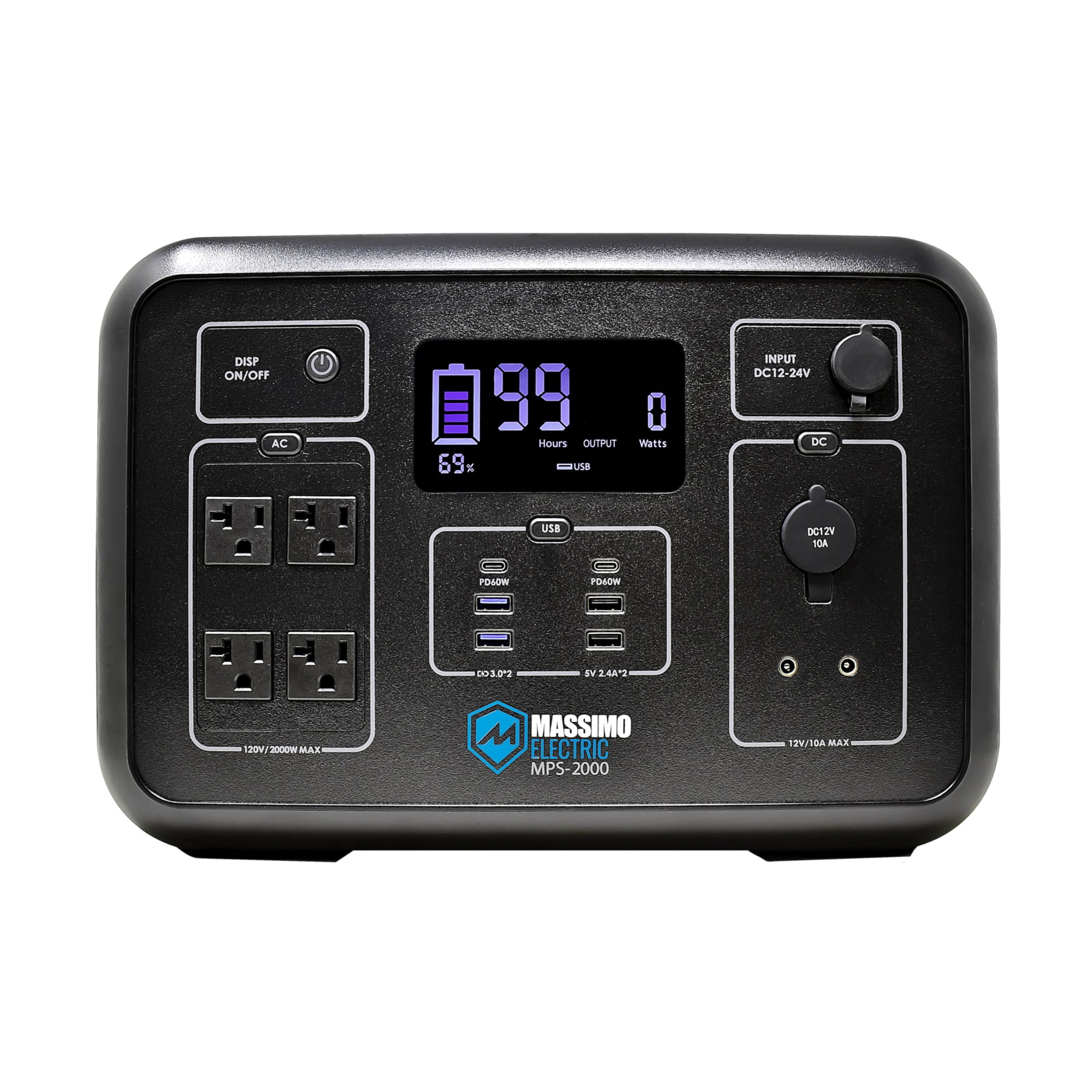 Massimo 2000W Portable Power Station (2134W Peak) – with 13 Outlets for Home Backup, Camping, Solar, Emergency Use – AC, USB, DC Ports
