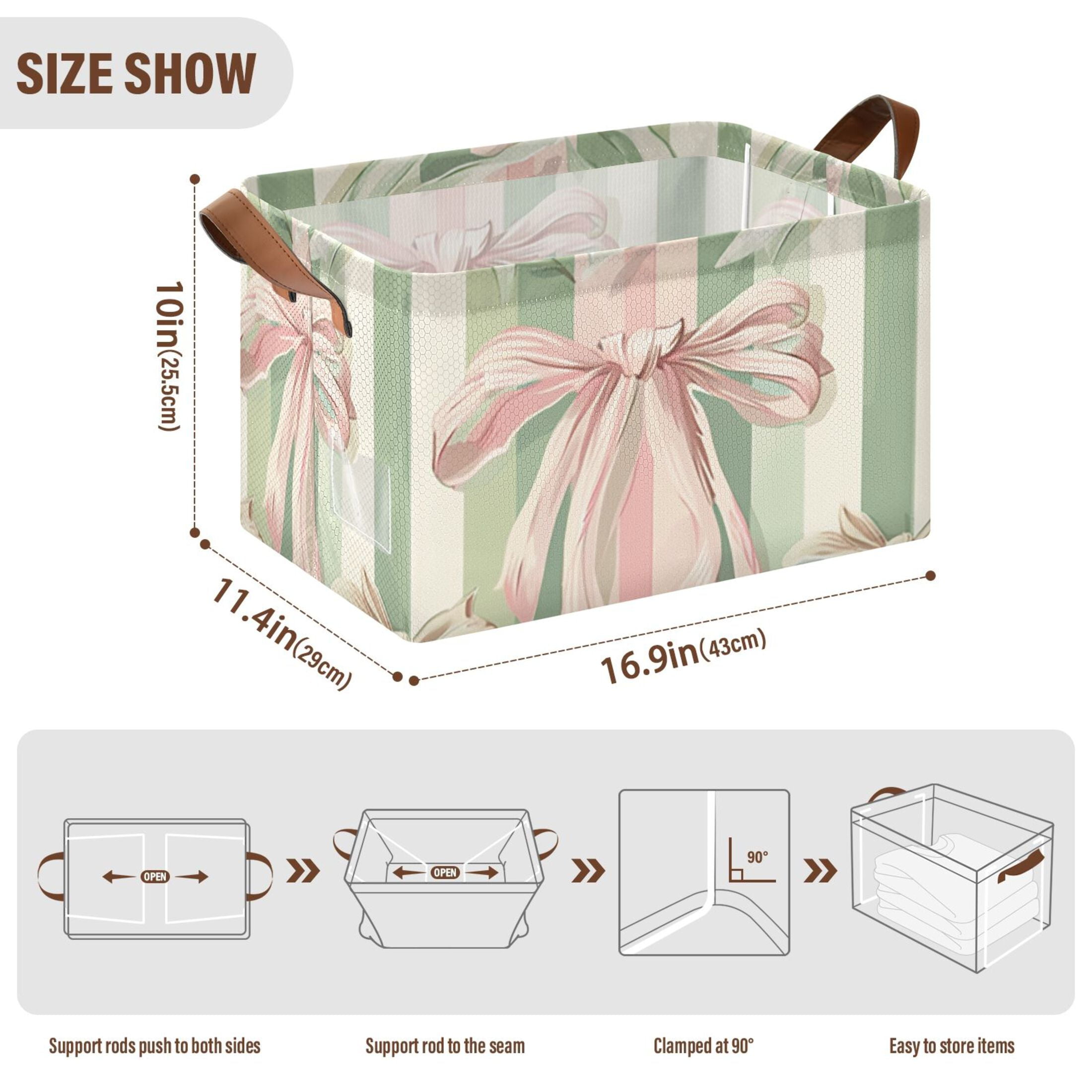 Pink Green Ribbons Stripe Foldable Storage Large Fabric Storage Baskets Organizer Storage Bins with Handles for Shelves