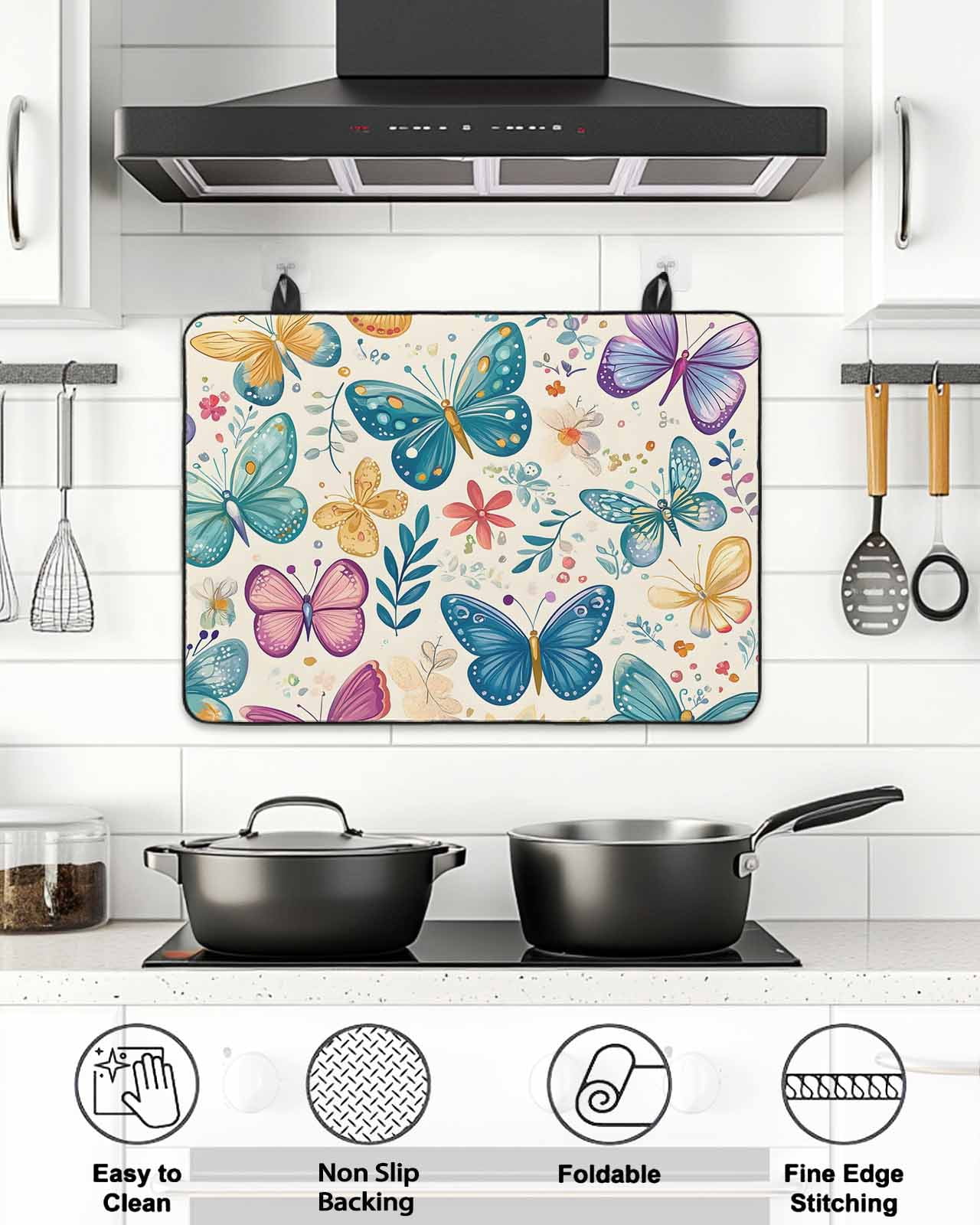 Stove Top Covers for Electric Stove, Spring Butterflies Glass Stovetop Cover Protector, Summer Countryside Leaf Flowers Induction Cooktop Protector Oven Mat for Kitchen Countertop 31"x24"
