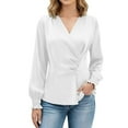 thumbnail image 2 of Ounisa Womens Business Casual Blouses Dressy Work Tops Fall Fashion 2025 V Neck Pleated Long Sleeve Shirts, 2 of 7