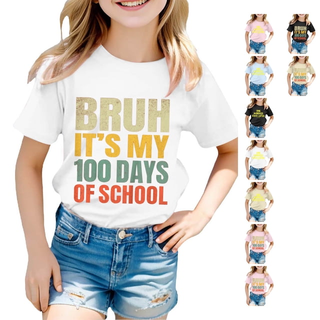 SUXIAN T-Shirts pour Enfants Mode Décontractée Imprimé Col Rond Ample Manches Courtes T-Shirt Haut Col Rond Hauts pour Filles Blanc_002 6-7 Ans