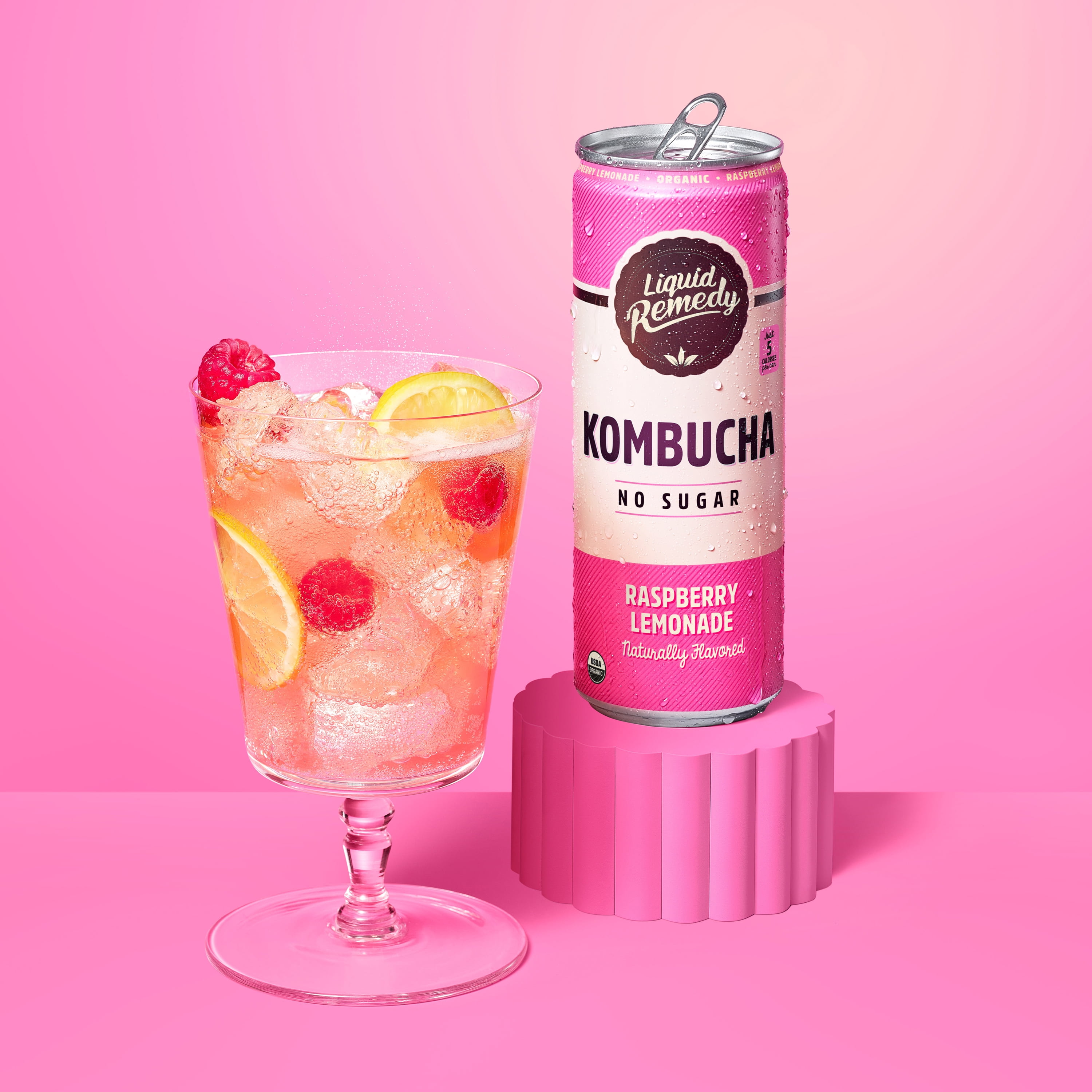 Liquid Remedy Kombucha Raspberry Lemonade Low Calorie Sugar Free, 12 Pk, 12 oz Cans