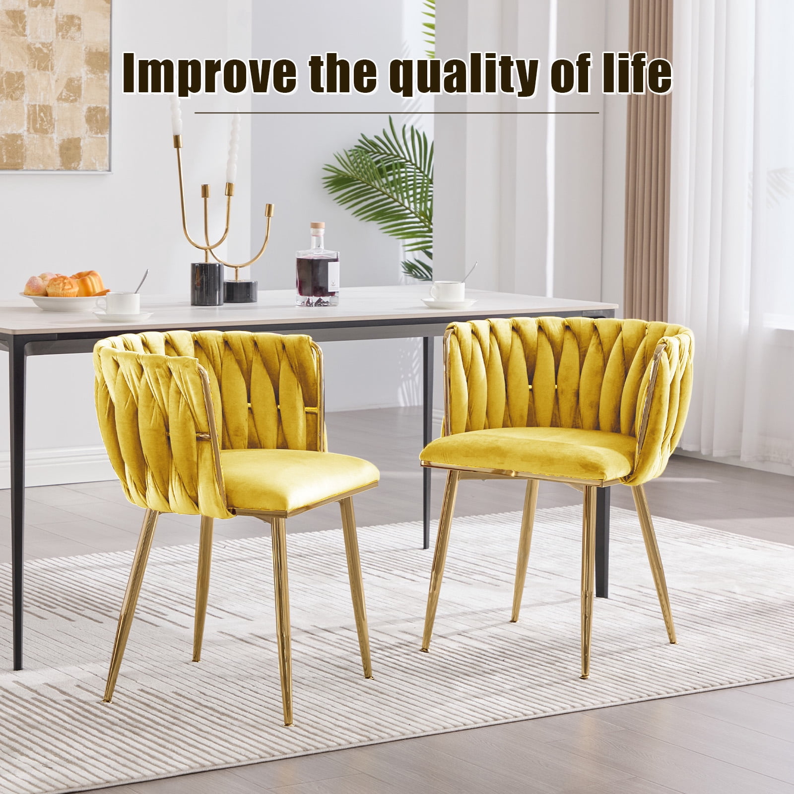 MOONMISS Velvet Upholstered Tufted Wood Frame Side Dining Chair with Golden Legs（set of 2）-Yellow