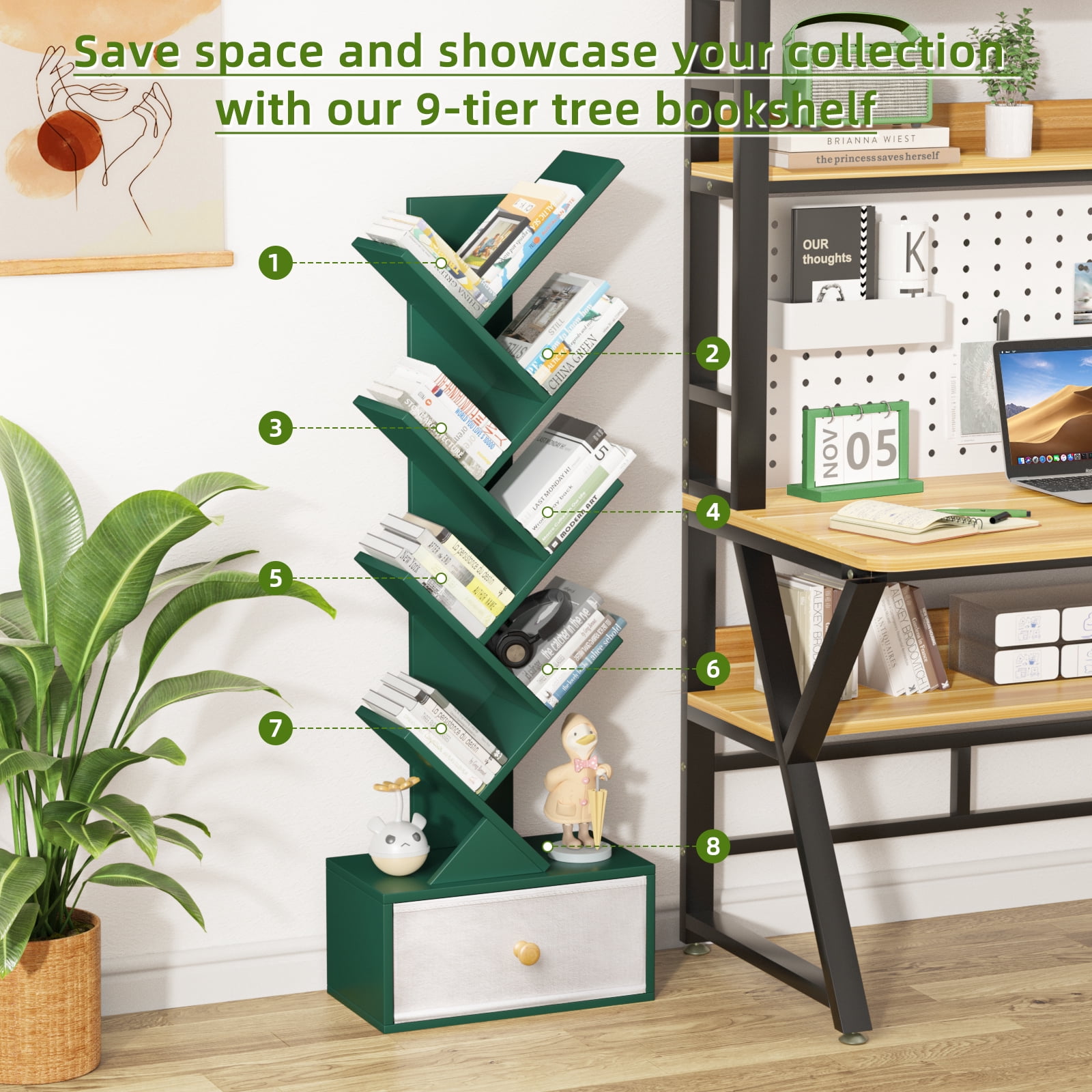 LELELINKY Floor Bookshelves,Tree Bookcase, 8-Tier Floor Standing Bookshelf for Living Room, Dark Green