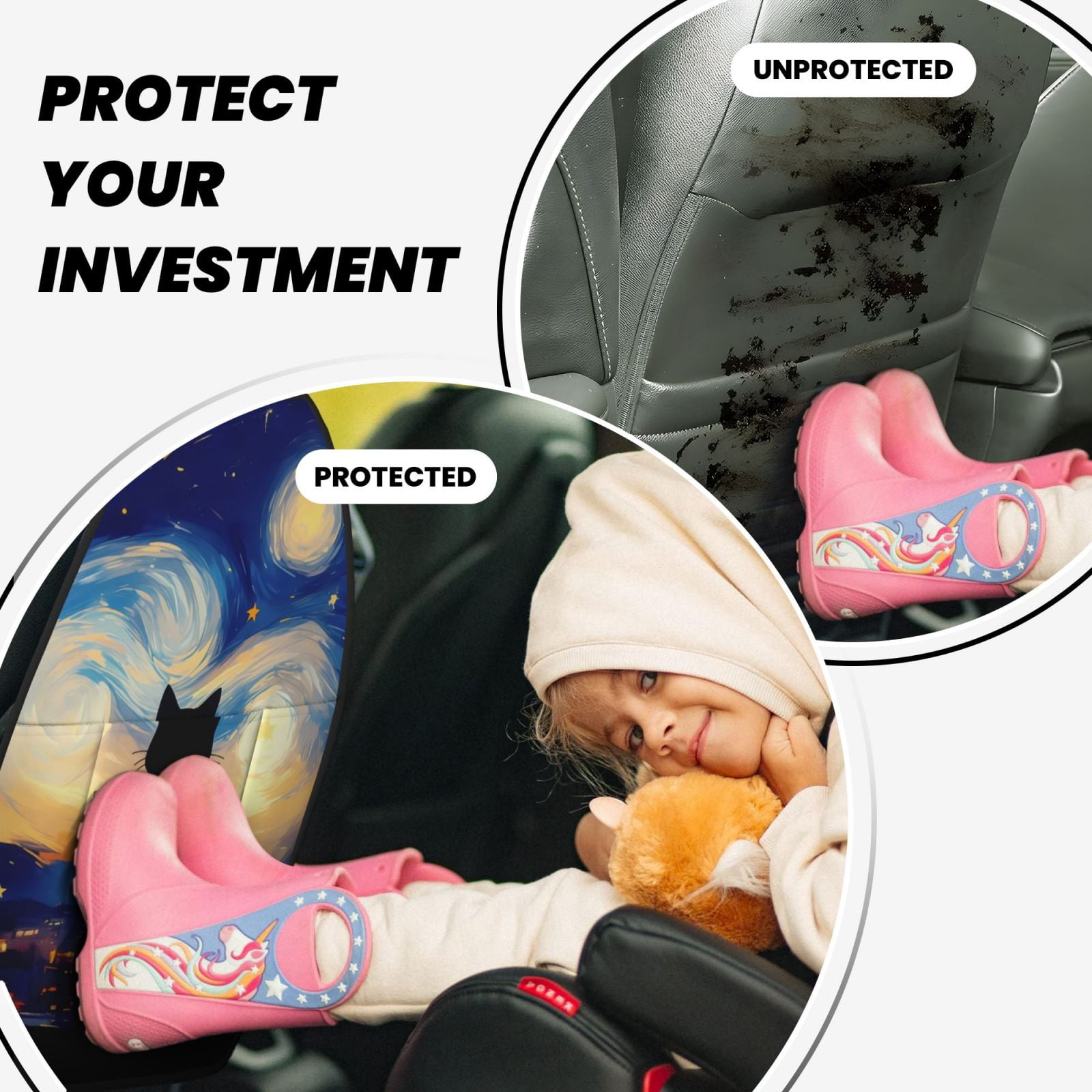 Kdxio Cat Under Starry Skies Print 2 Pack Car Kick Mat Seat Cover Back Protector Mat with Pockets for Organizer Backseat Protector and Storage Anti Kick Pad for Vehicles
