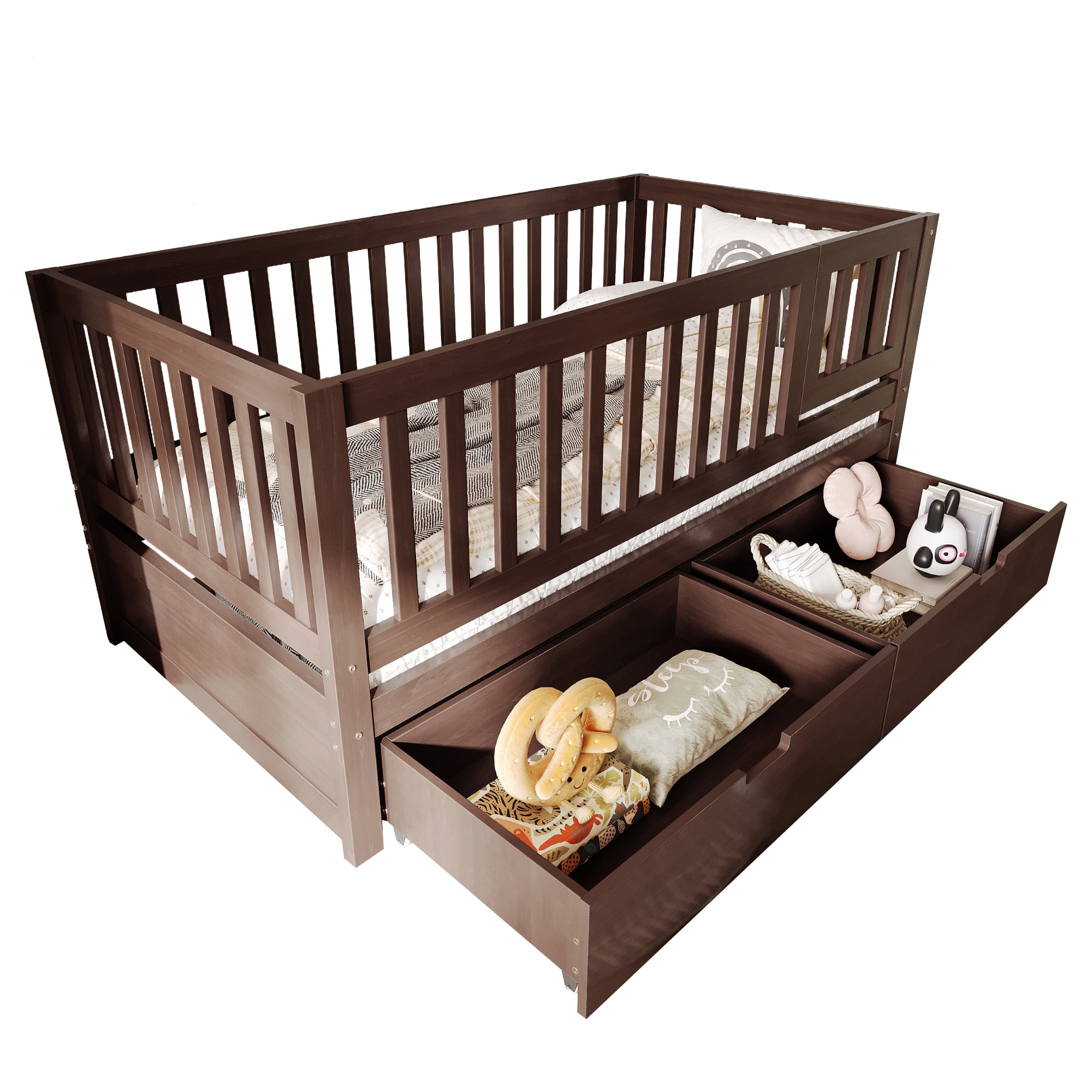 Euroco Wood 3-in-1 Toddler Daybed with Drawers, Crib Bed with Removable Guardrails, Espresso