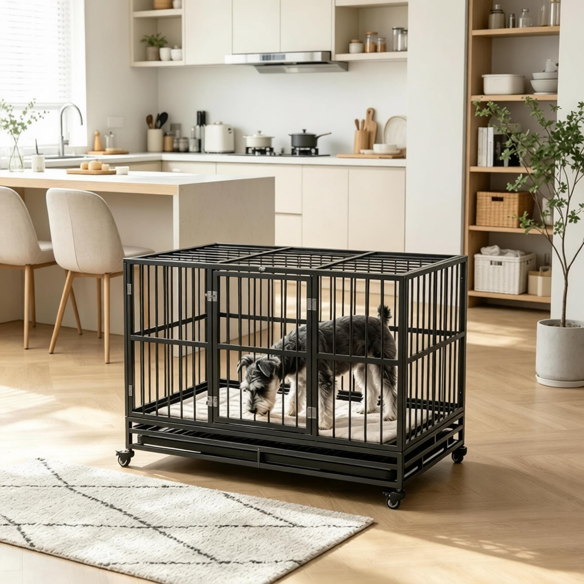 48" Heavy Duty Metal Dog Crate Kennel with Lockable Wheels Double Door Removable Tray, Gray