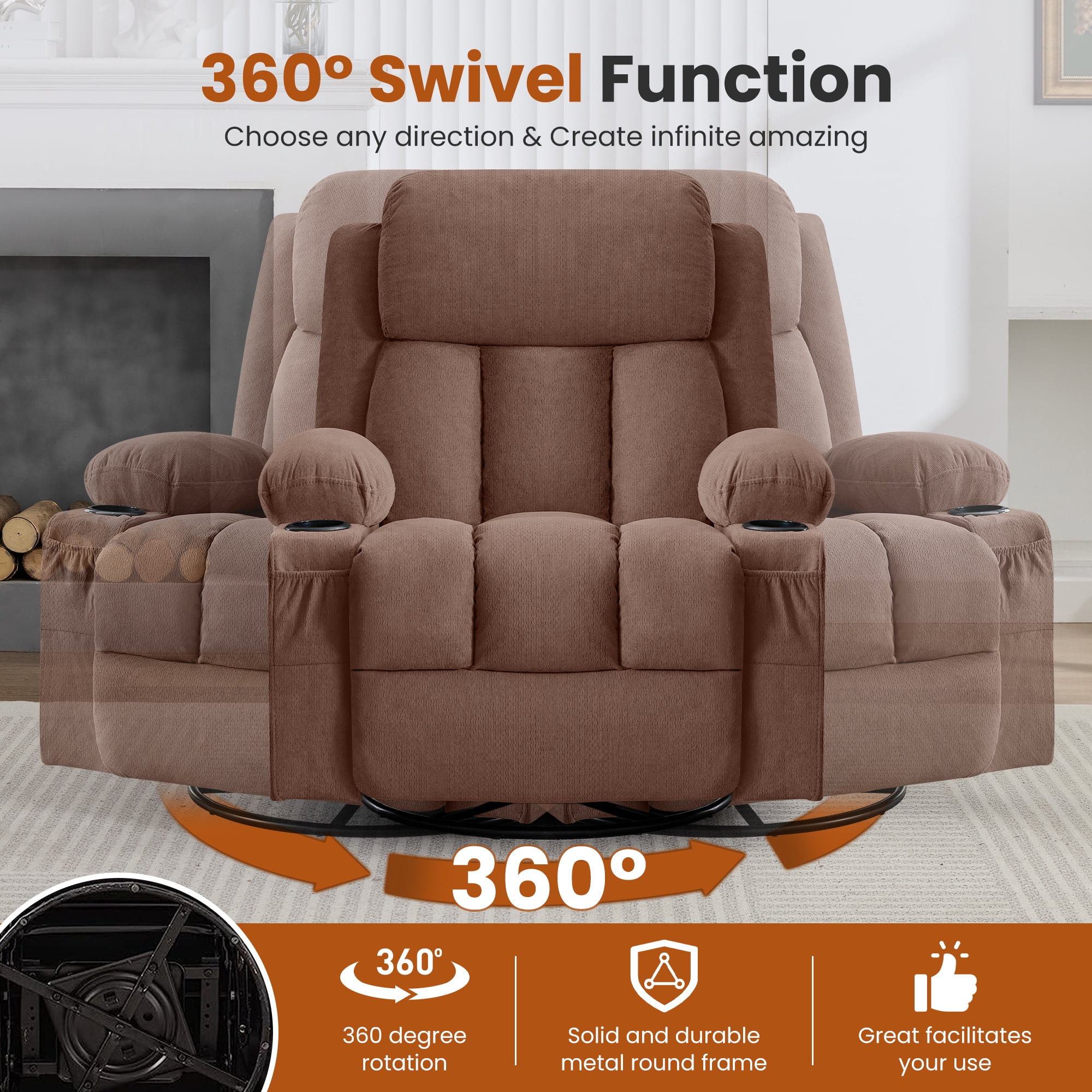 360° Swivel Rocker Manual Recliner Chair with Heat, Massage, USB Charge Port, cup holders