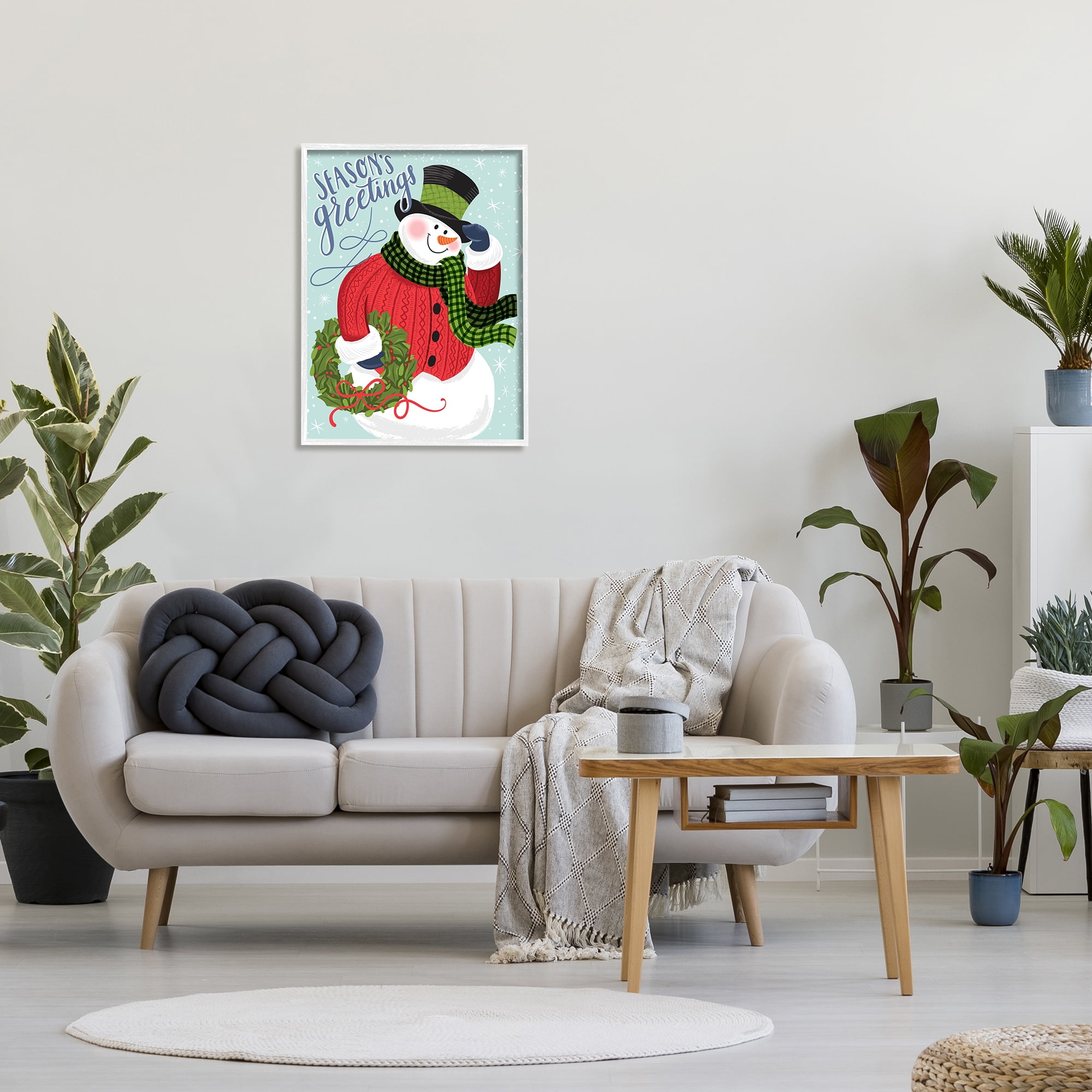 Stupell Industries Season's Greetings Expression Festive Winter Holiday Snowman Botanical & Floral Painting White Framed Art Print Wall Art, 24 x 30