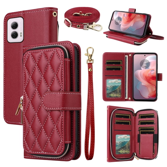 Dswteny Argyle Wallet Case for Motorola Moto G Power 5G 2024 with Wrist Strap Shoulder Strap Zipper Purse PU Leather Flip Credit Card Holder Stand Accessories Cell Phone Cover for G5 Women Girls Red