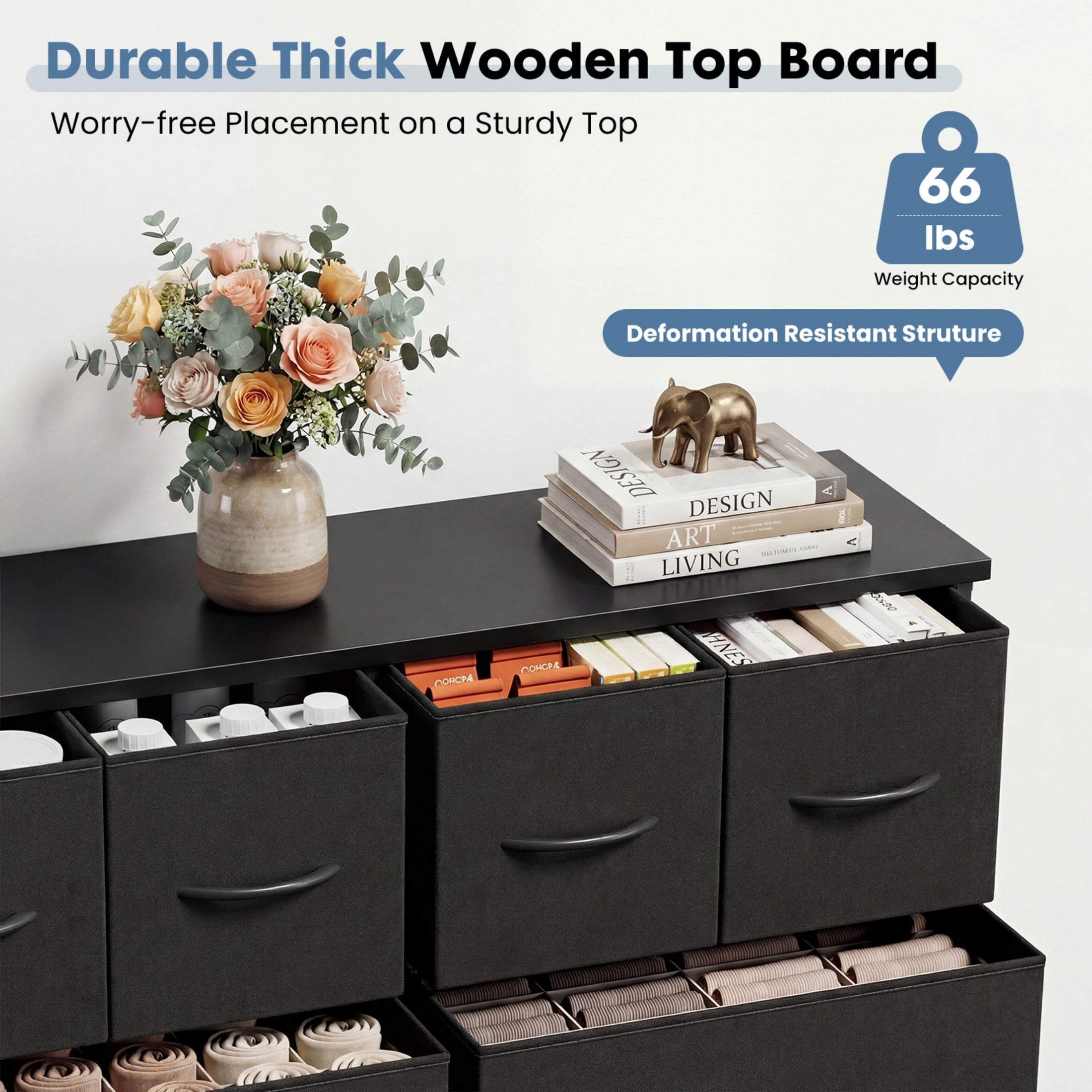 CONCETTA 10-Drawer Fabric Dresser, Large Storage Tower for Bedroom, Closet, Living Room, Black