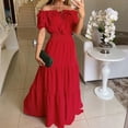 thumbnail image 2 of Baqcunre Womens Dresses 2023 New Spring New Solid Elastic Neckline Off Shoulder Slender Dress Women'S Casual Dresses Midi Dress Red Dress M, 2 of 6