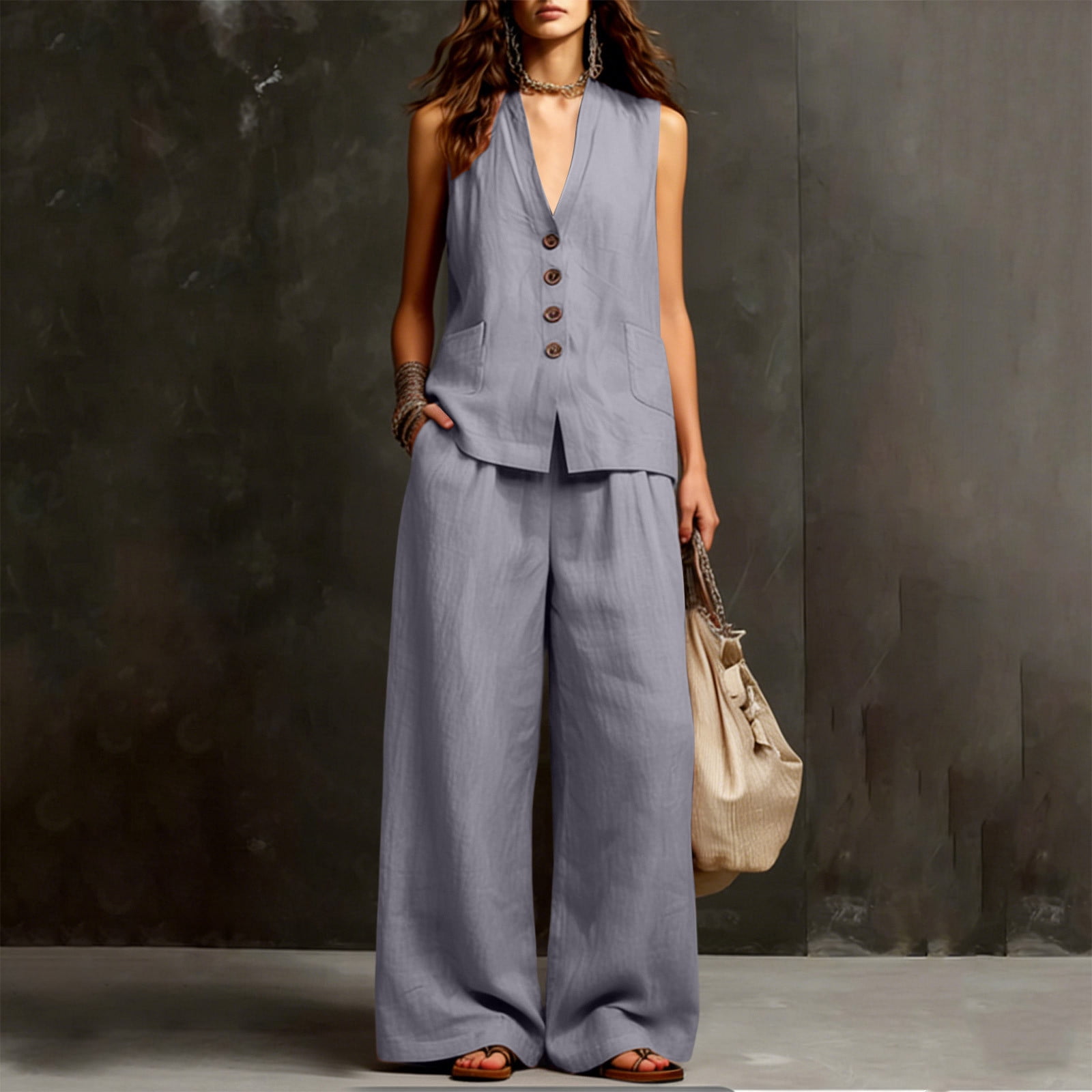 Women's Summer 2 Piece Lounge Set Dressy Sleeveless Button Down V Neck Top & Wide Leg Pants Office Travel Outfits