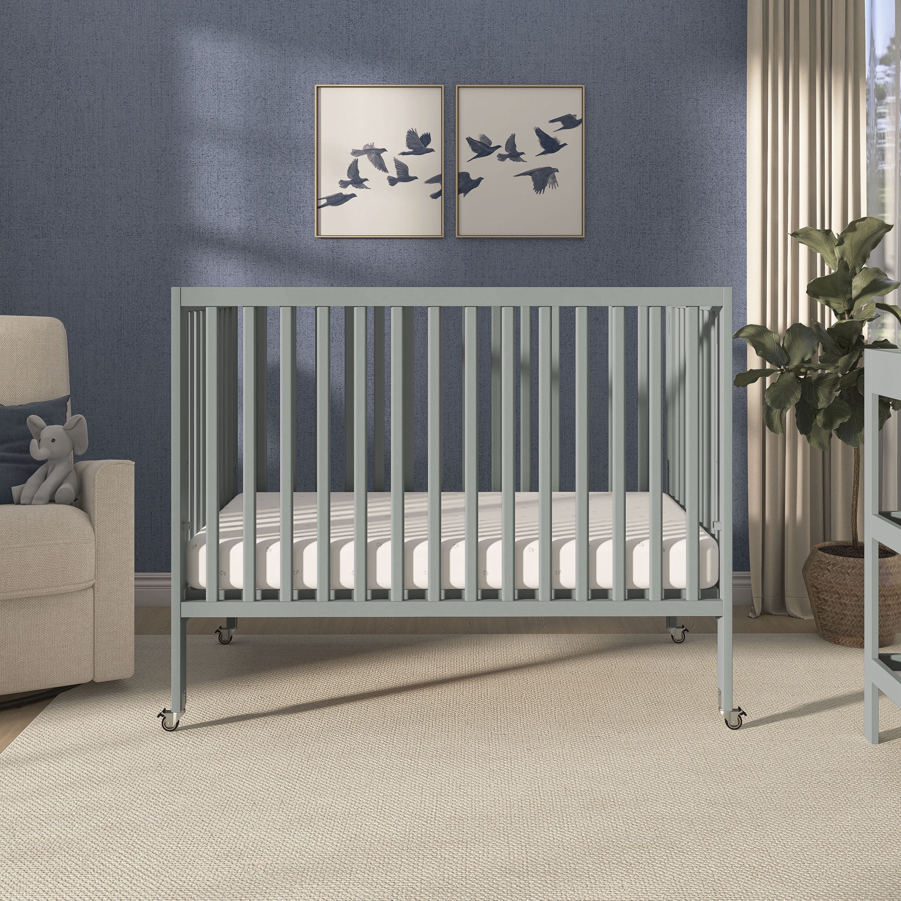 Dream On Me Quinn Full-Size Folding Crib, Removable Wheels, Modern Nursey, Adjustable Mattress Support, Patent Folding System in Cool Gray