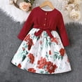 thumbnail image 2 of Girls Long Sleeve Dress with Bowknot Belt Patchwork Floral Print Button Crewneck Casual Trendy Party Dress (8-10 Years, Red), 2 of 6