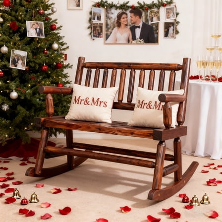 Zimtown 33.5in Double Person Outdoor Wooden Rocking Chair for Patio Garden, Carbonized