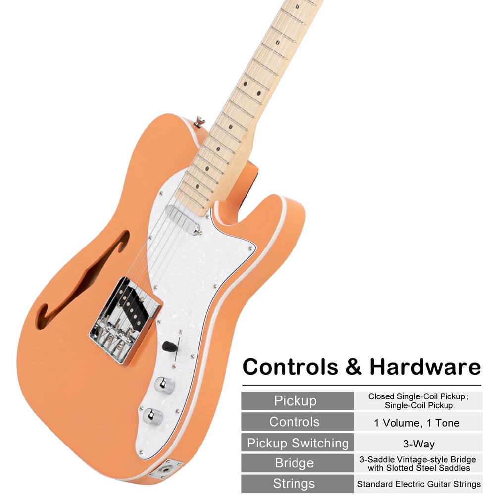 Private Jungle Glarry GTL Semi-Hollow Electric Guitar F Hole SS Pickups Maple Fingerboard White Pearl Pickguard,Orange-red