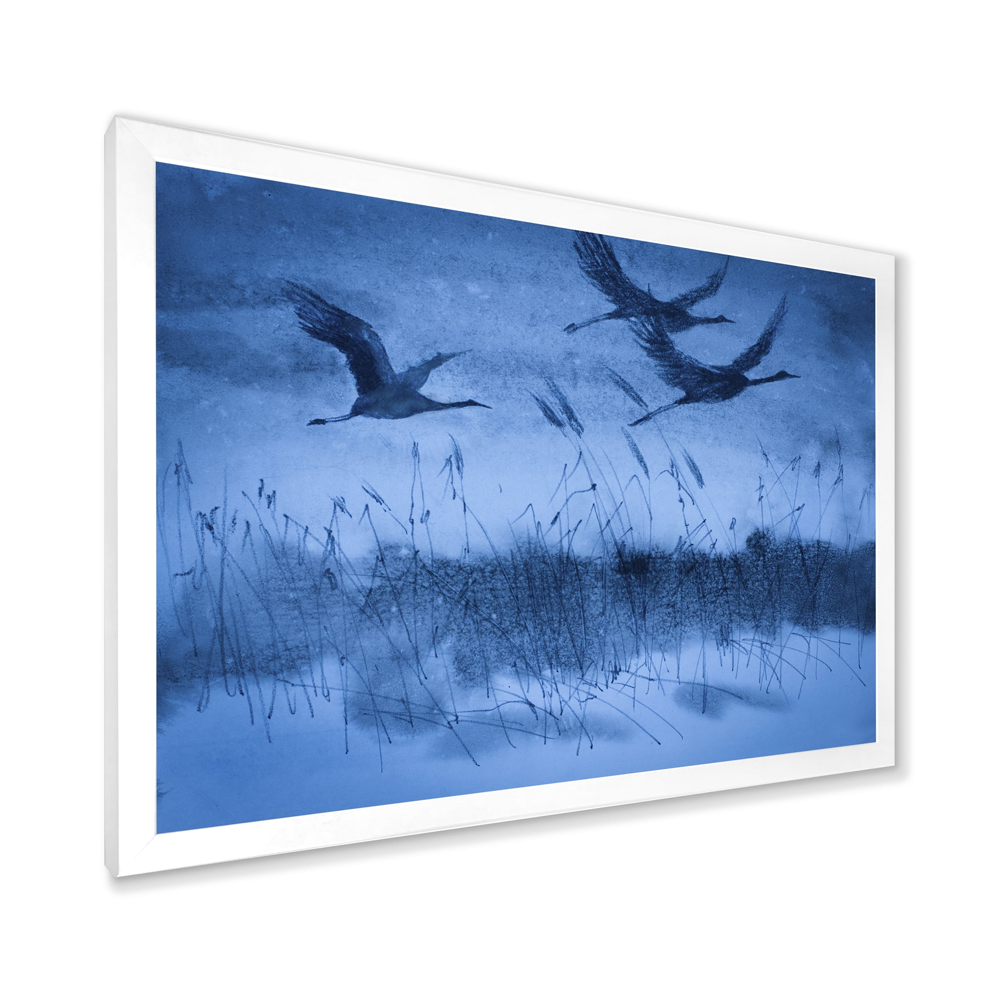 Cranes In Flight During Blue Evening Light 40 in x 30 in Framed Painting Canvas Art Print, by Designart