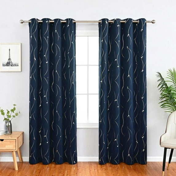 Blackout Curtains for Living Room, 2 Panels Darkening Curtains with Silver Wave Line Print Drapes for Bedroom 52W x 72L