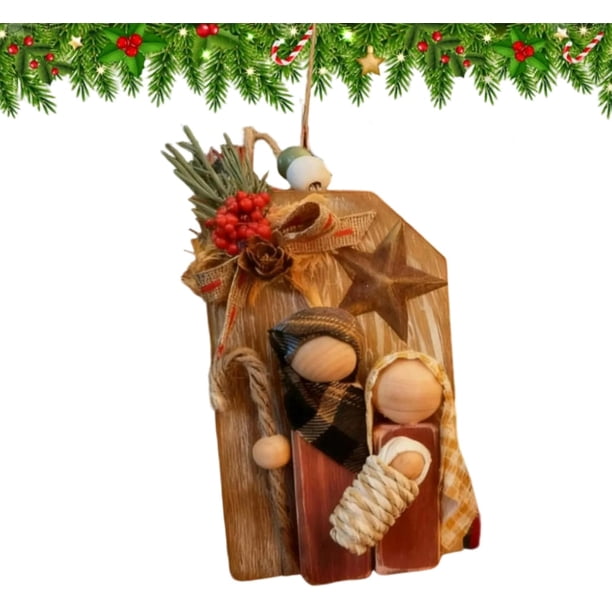 Jesús Fue Colgado Conjunto de adornos navideños de madera hechos a mano con escena de la Sagrada Familia (San JASKFLY