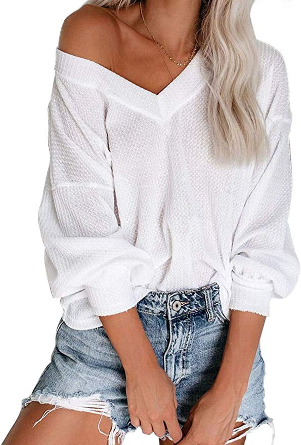 V Neck Long Sleeve Waffle Knit Sweater 