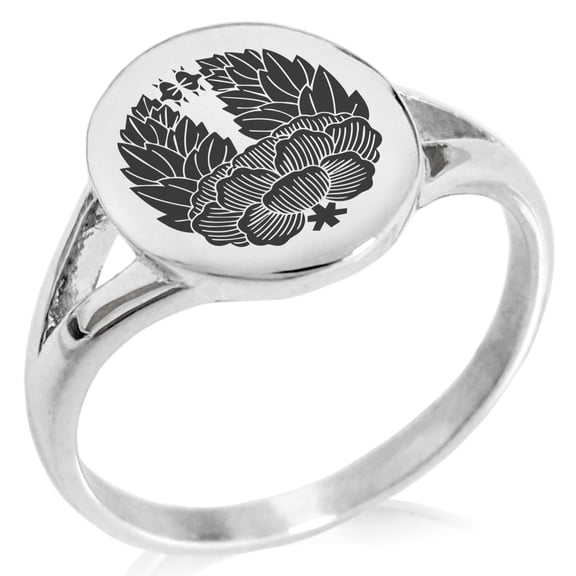 Stainless Steel Tsugara Samurai Crest Minimalist Oval Top Polished Statement Signet Ring