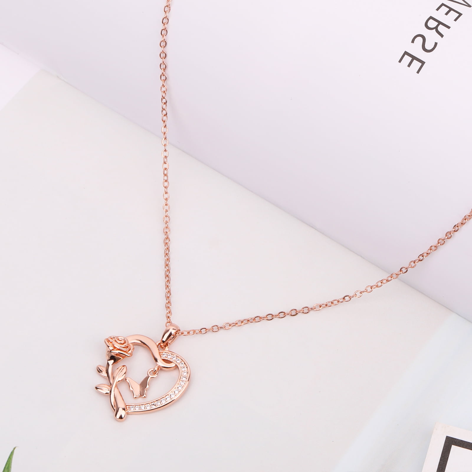 Heart Necklace for Women Rose Gold Plated CZ Romantic Rose and Butterfly Jewelry Gift for Women Birthday Valentine's Day