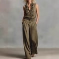 thumbnail image 5 of 2 Piece Linen Outfits for Women Sleeveless Ruffle V Neck Top & Wide Leg Pants Dressy Casual Vacation Sets (L, Army Green), 5 of 6