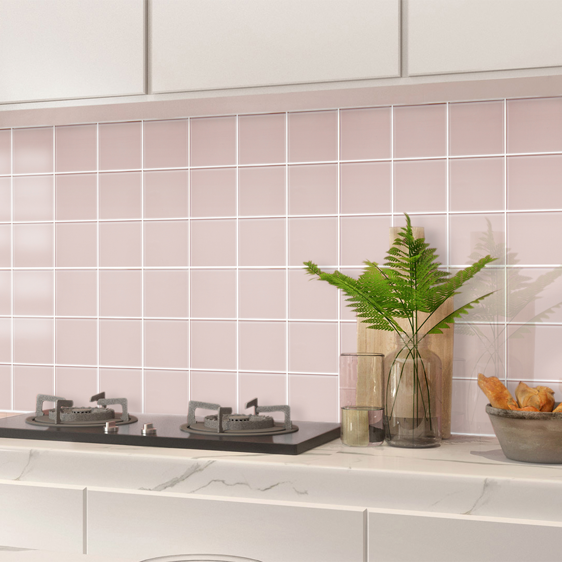 Pink Peel and Stick Glass Tile, 12'' x 12'' Square Mosaic Glass Backsplash Stick On Wall Tiles for Kitchen Bathroom (5 Sheets)