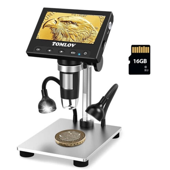 TOMLOV 1000X Error Coin Microscope with 4.3" LCD Screen, USB Digital Microscope with LED Fill Lights, Metal Stand, PC View, Photo/Video