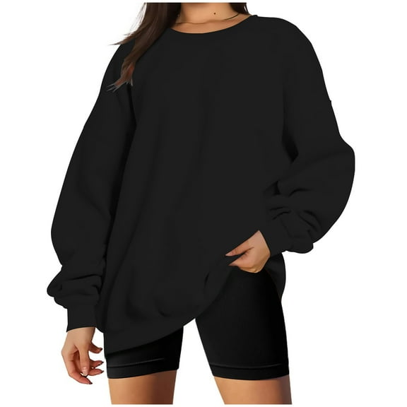 LEAVINGSUO Fall Womens Tops Long Sleeve,Fashion Woman Long Sleeve Round Neck Loose Sweatshirt Solid Blouse Tops Black L