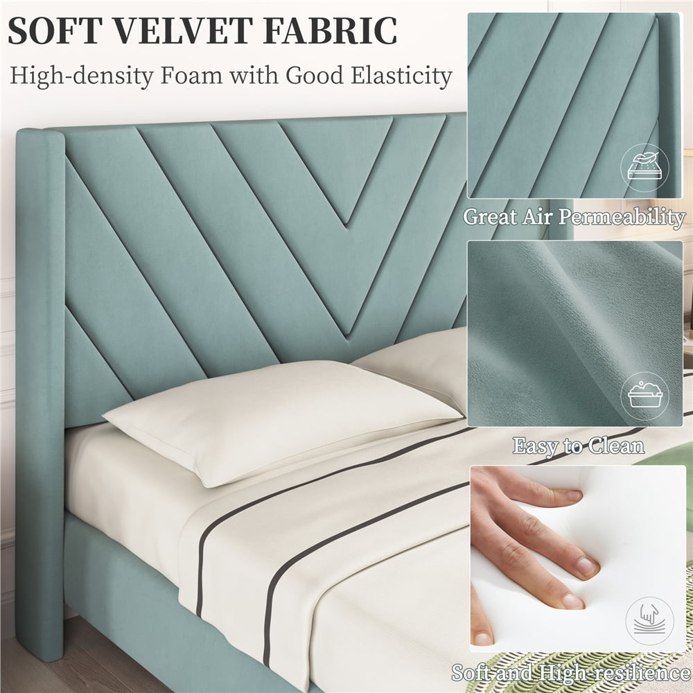 Yaheetech Upholstered Platform Bed with Wooden Slat Support and Tufted Headboard, Queen, Blue Lake