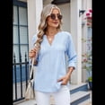 thumbnail image 4 of Blusas Casuales con Cuello en V y Ojales Bordados para Mujer, Blusas Playeras Elegantes. Azul M, 4 of 10