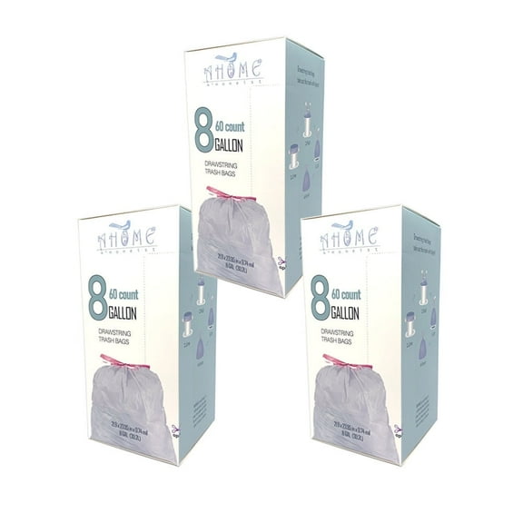 A*Homeist 8 Gallon Garbage Bags 22 x 24" 0.74mil Thick Drawstring, White, 180 Bags