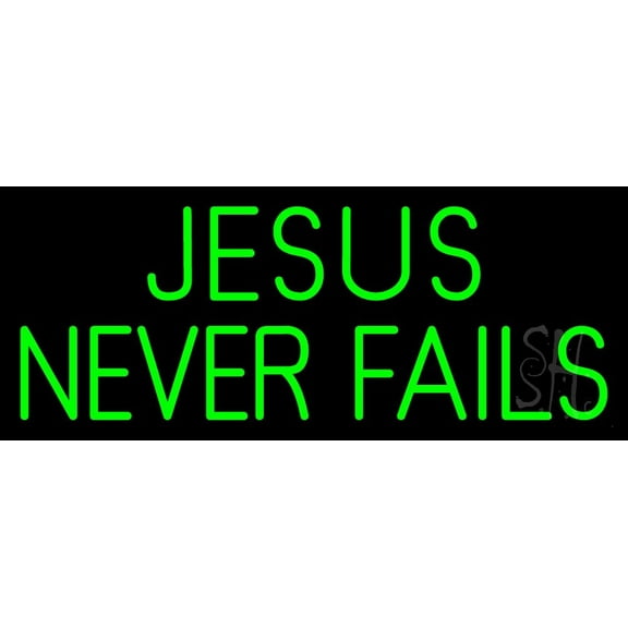 Green Jesus Never Fails LED Neon Sign 10" Tall x 24" Wide - inches Black Square Cut Acrylic Backing, with Dimmer - Premium built indoor Sign for Home décor, Event, Religious place, Store interior.