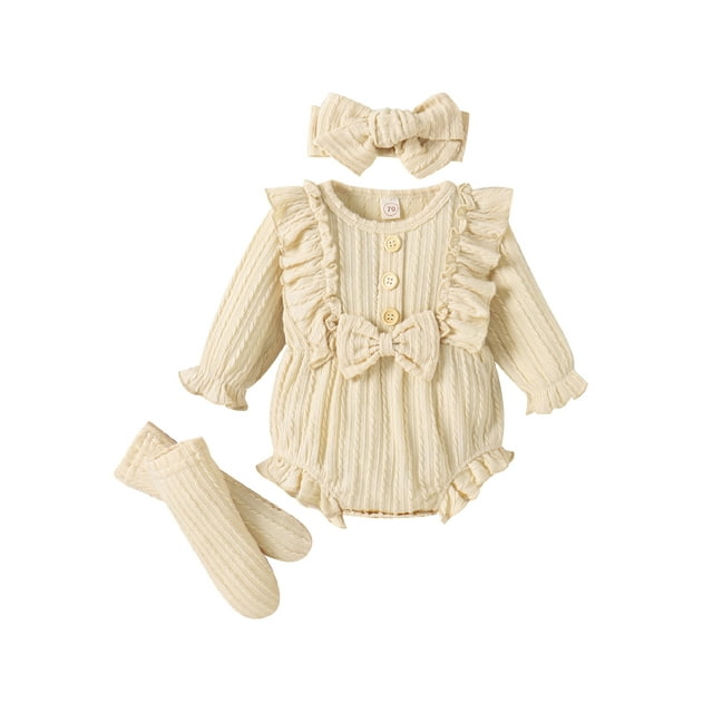 Faithtur Baby Girls 3Pcs Fall Outfits, Long Sleeve Button Front Ruffle Romper + Socks + Headband Set
