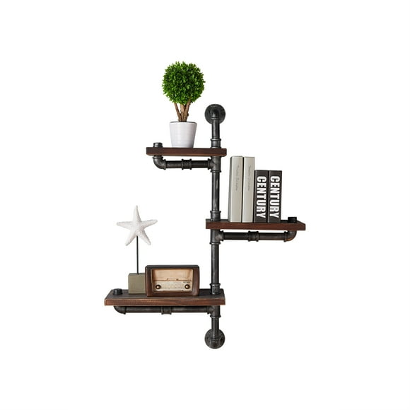 "Estantes de tres paredes flotantes de cuerpo metálico con diseño de tubería, gris y marrón" Benzara Inc BM155699