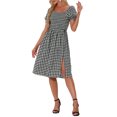thumbnail image 2 of INSPIRE CHIC Gingham Smocked Dress for Women's Square Neck Side Slit Casual Plaid Dresses L Black, 2 of 6