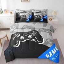 Manfei Game Console Print Twin Bedding Sets 7-Piece, Black Grey Blue Bedding Comforter Set, Video Gaming Player Reversible Sheet Sets, Microfiber Bedroom Decor