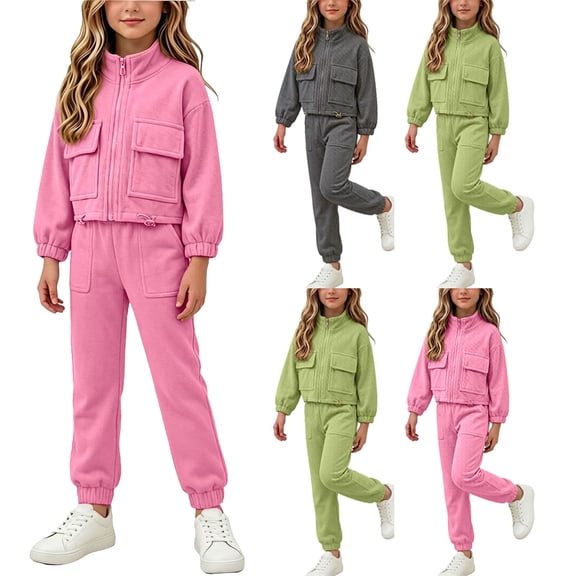 WAVSUF Girls Sweatshirt Outfits Long Sleeve Jacket and Jogger Sweatpants with Pockets Fall Casual Warm Sets 2 Piece Pink 7-8