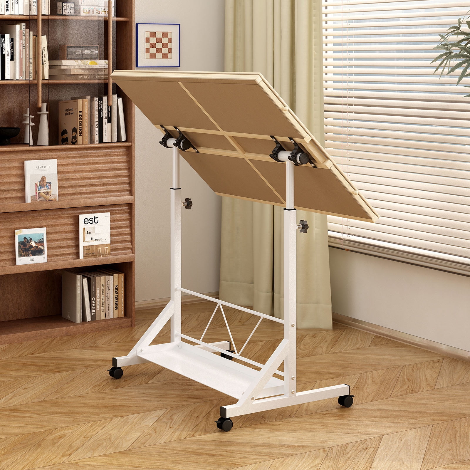 CQSXDA 1500 Piece Capacity Wooden Puzzle Table in White, Adjustable Height and Angle, with Drawer and Protective Cover Included 360 Degree Tilting Design and Rolling Wheels