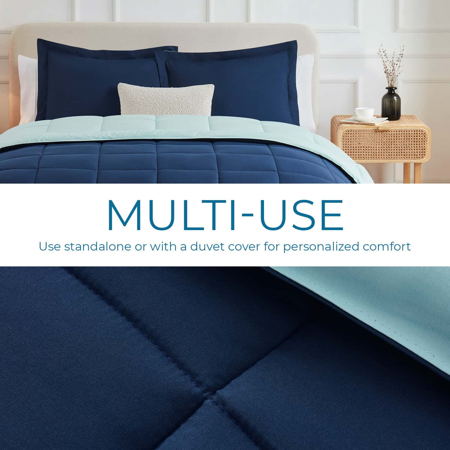 LammaLoe King Comforter, Quilted Down Alternative Comforter, All Season Duvet Insert ,Navy/Light Blue