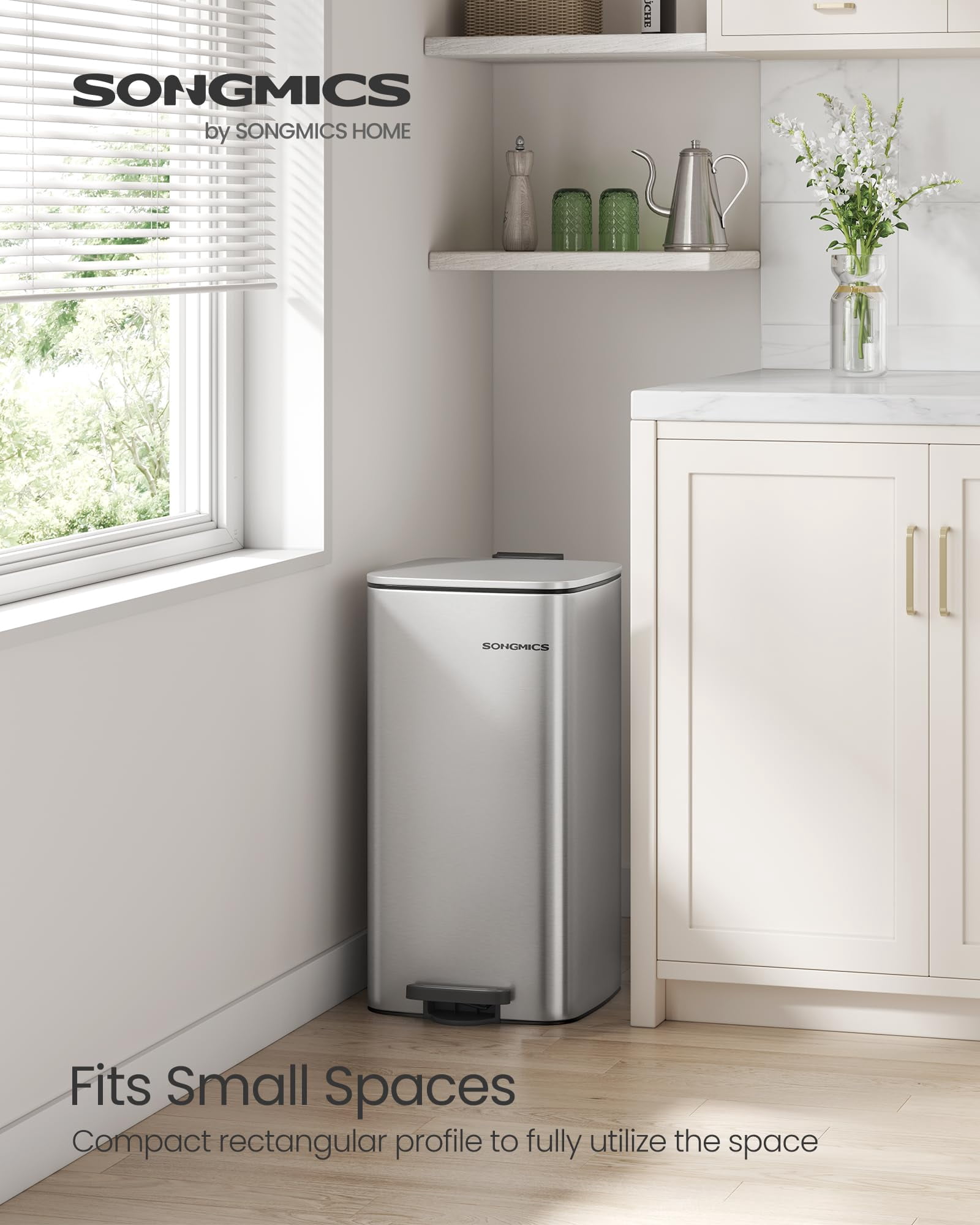 8-Gallon (30 L) Kitchen Trash Can, Trash Bin, Stainless Steel Garbage Can, with Inner Bucket, Soft Close and Stays Open, Metallic Silver
