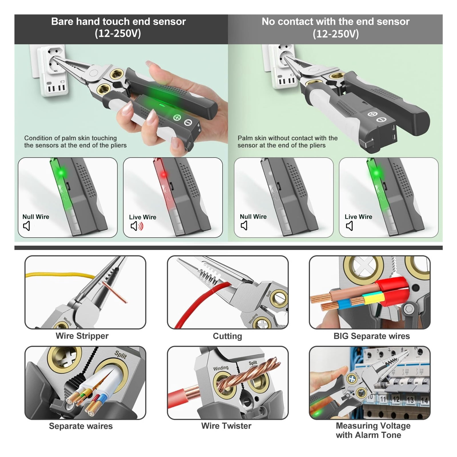 8-in-1 Wire Crimper Stripper with Voltage Detector & Dual Alarms - Heavy Duty 12-250V AC/DC Tester for Hot/Neutral Wires - Electrician, HVAC, Car Repair Tool