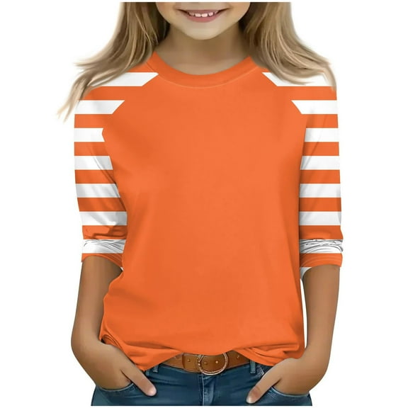 ZACPNCV 3/4 Length Sleeve Girls Tops Summer Three Quarter Striped Shirts Casual Loose Fit Soft Blouse Tees Orange 14-15 Years