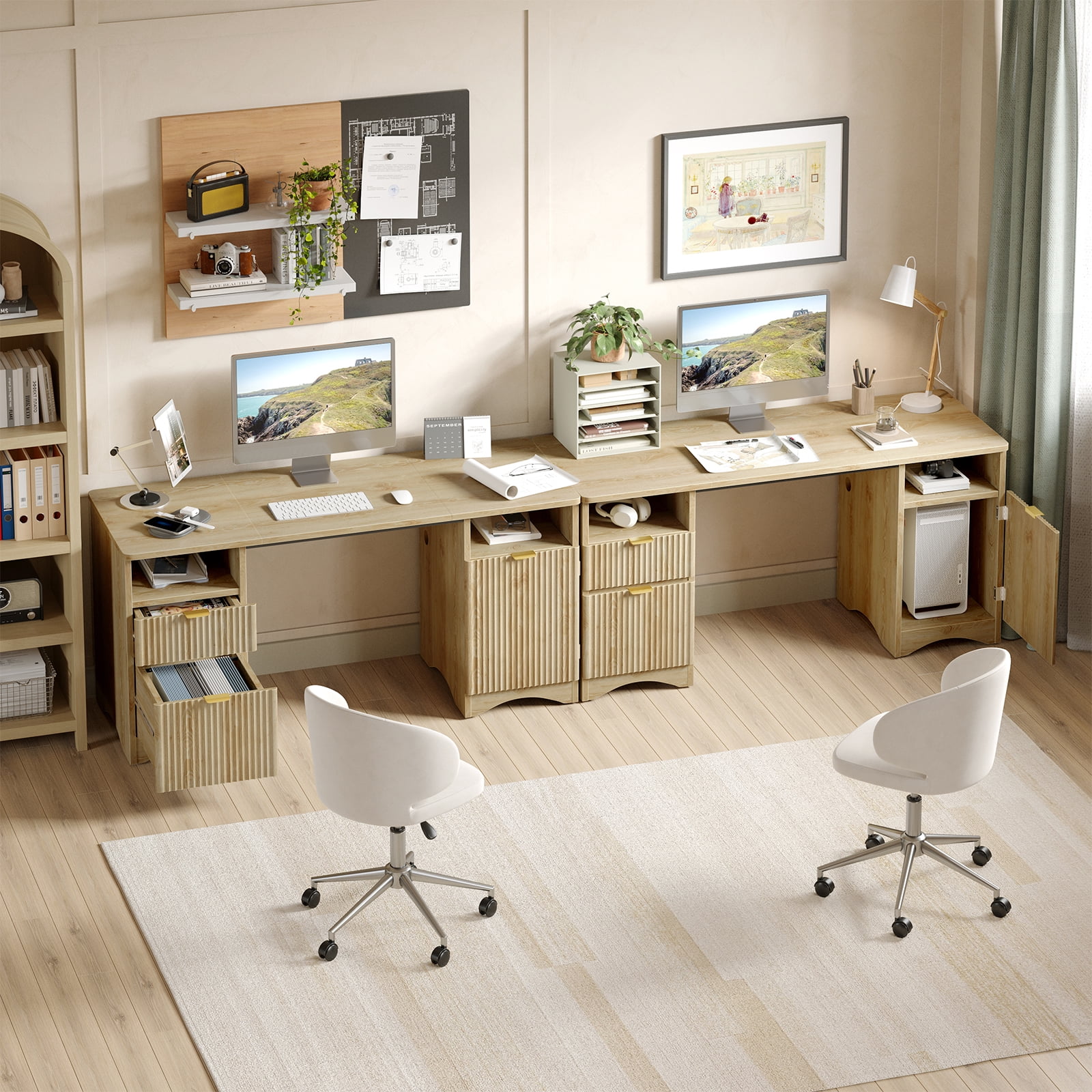 Bestier 59" Modern Executive Desk with Storage, Wood Home Office Desk with 2 Drawers & 3 Cabinet, Fluted Computer Writing Desk for Study, Living Room, Bedroom, Oak