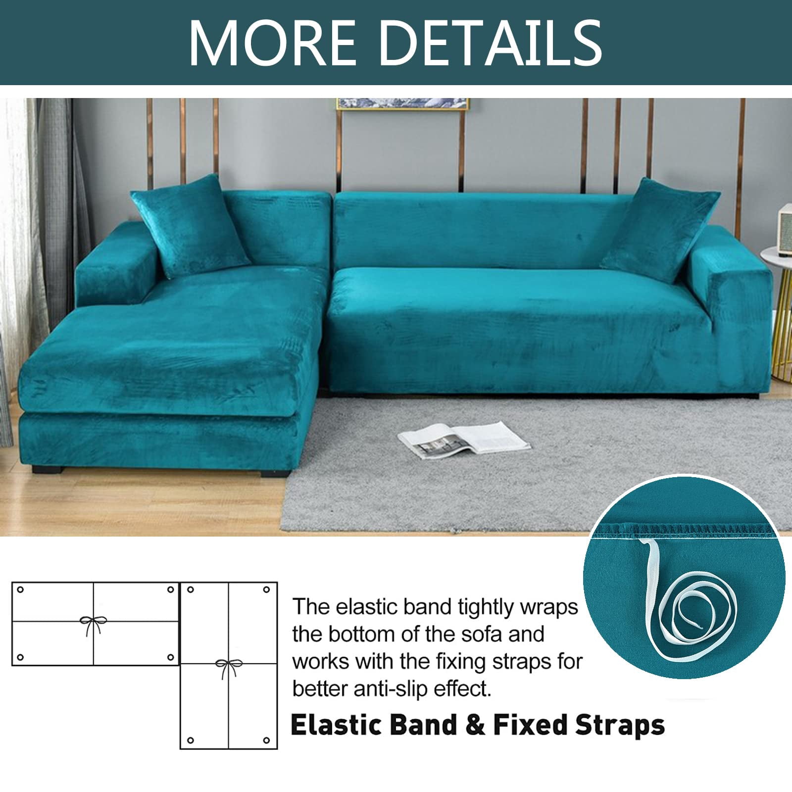 Stretch Sectional Couch Covers Velvet, L-Shaped Sofa Covers Velvet 2 Piece Soft Furniture Protector with Elastic Bottom for Dogs Cats -Light blue-4-seater + 4-Seater