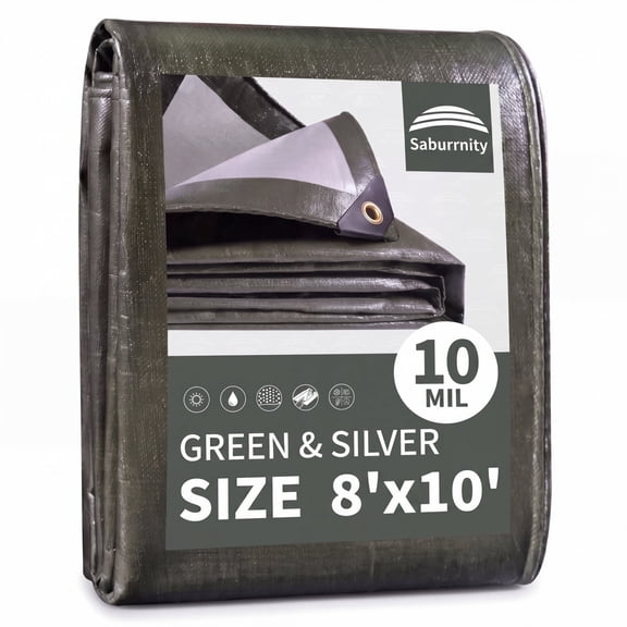 Heavy Duty Tarp 8 x 10 ft, 10 Mil Thick Protective Tarps Cover, Large Multi-Purpose Tarps for Home,Boats,Cars,Camping,Protective Cover, (Green&Silver)