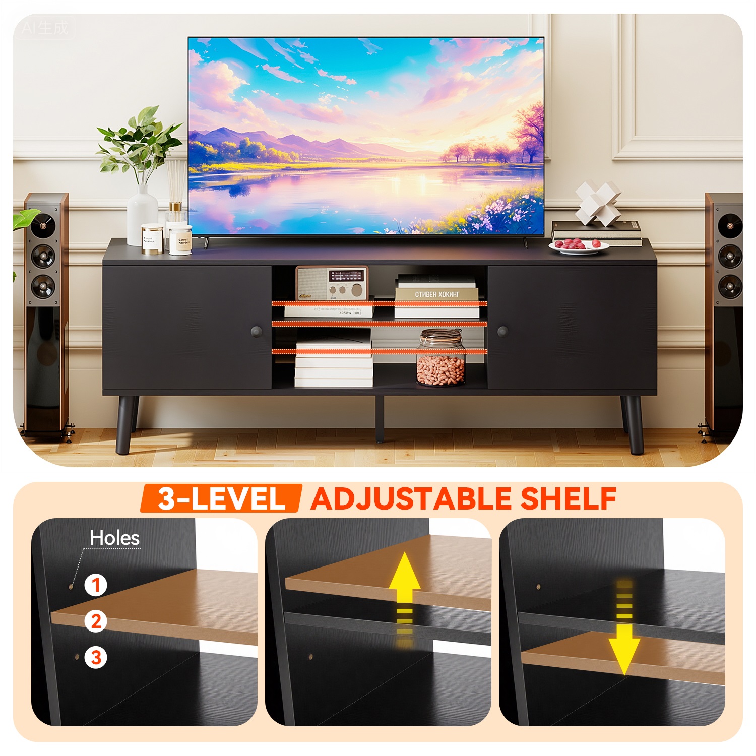 FDW TV Stand for 55 60 Inch TVs,with 2 Storage Cabinets and Open Shelves,Black
